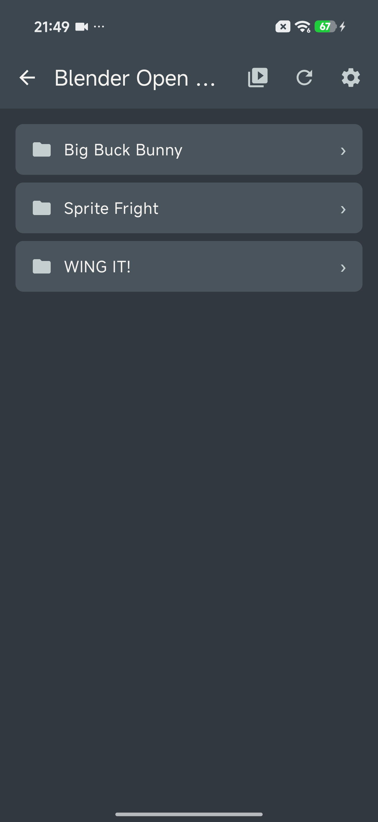Meivish Cloud Player showing a folder named Blender Open Movies